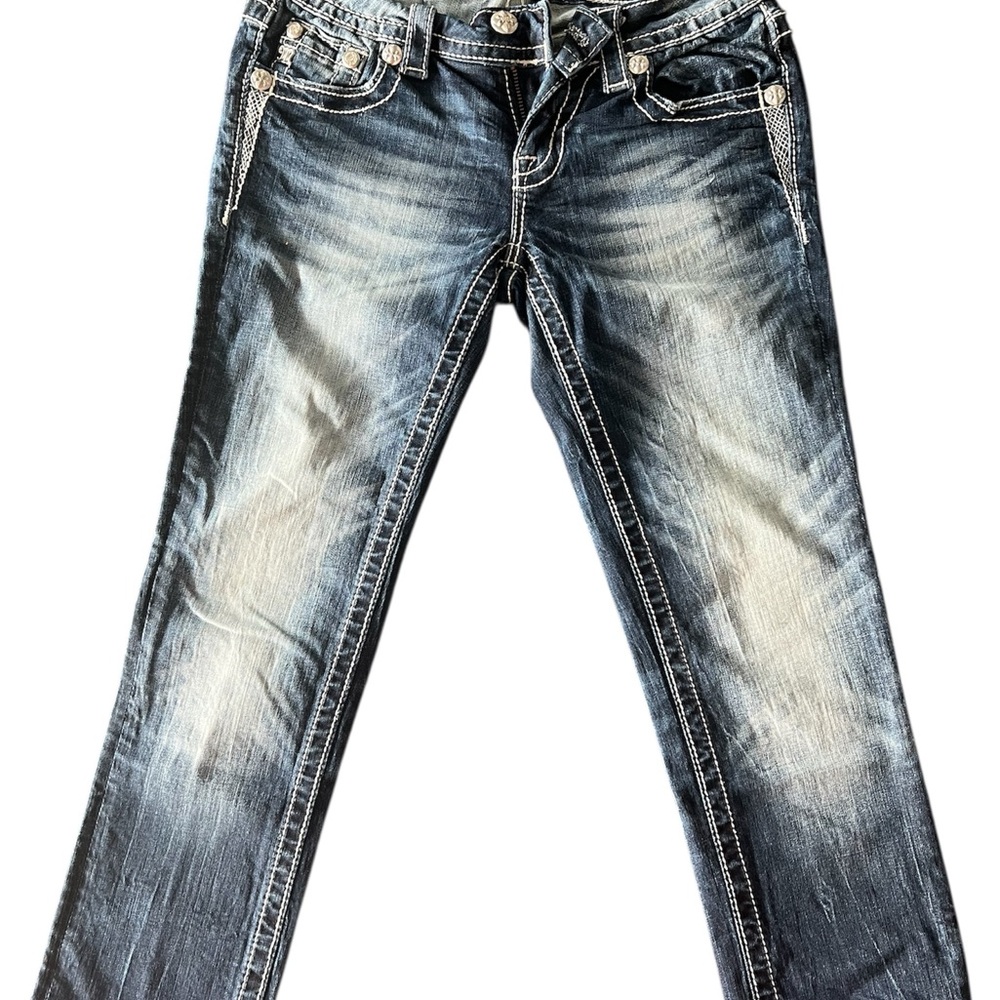 Miss Me Blue Straight Leg Jeans with Distressed Vintage Look